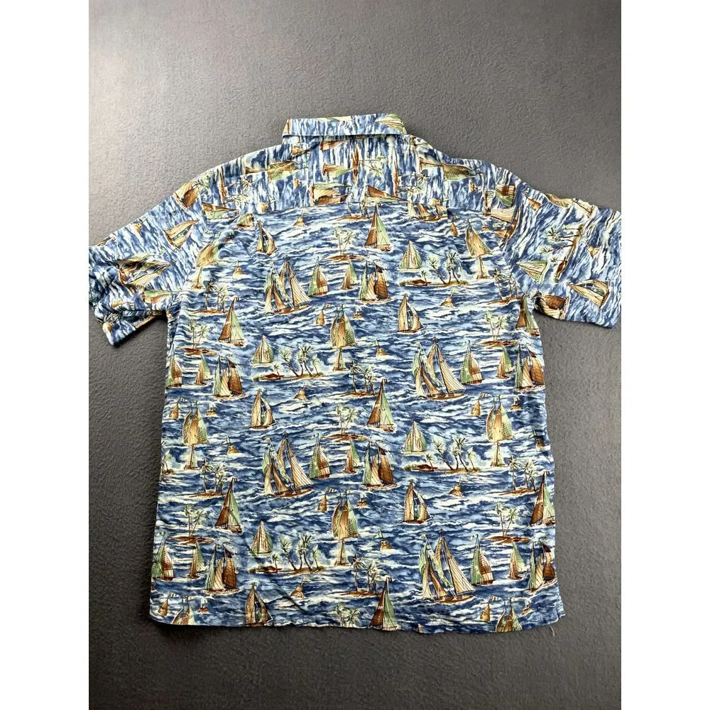 Croft & Barrow Hawaiian Shirt Men's L Nautical Sailboat Watercolors Sailing Blue